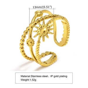 Adjustable golden stainless steel open ring with celestial sun design and beaded band style