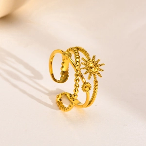 Adjustable golden stainless steel ring featuring celestial sun and floral sunburst motifs