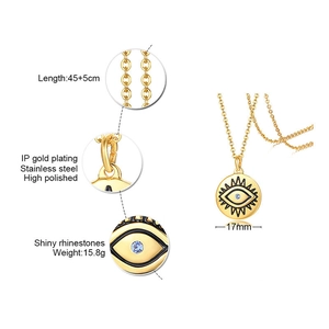 Collier en acier inoxydable doré avec pendentif œil et strass bleus brillants