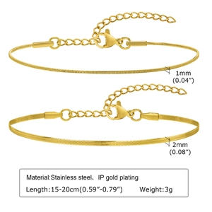 Minimalist 18K gold plated stainless steel snake chain bracelets in 1mm and 2mm widths