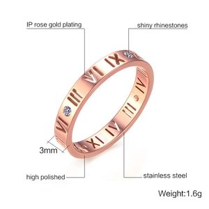 Detaillierter 3mm Roségold-Edelstahlring mit römischen Ziffern und glänzenden Strasssteinen