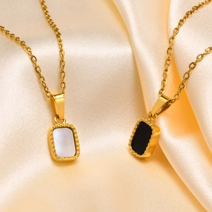 Geometric Rectangular Mother Of Artificial Pearl Pendant Necklace Gold Plated Stainless Steel Vintage Style Jewelry For Women