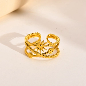 Detailed macro view of gold adjustable sun and moon engraved stainless steel ring layers