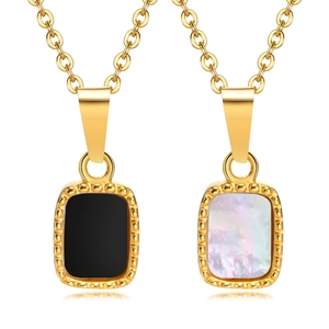 Polished stainless steel rectangular pendants in black onyx and white mother of pearl