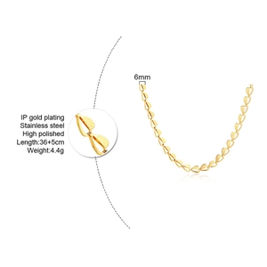 Detail of high polished gold stainless steel heart link chain with size measurements