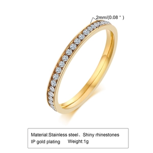 Minimalist gold-plated stainless steel 2mm thin band ring with sparkling rhinestones