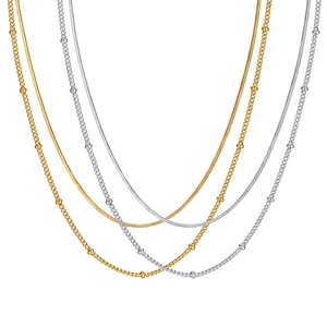 Double-layered stainless steel snake and bead chain necklace in gold and silver finish