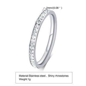 Detail view of 2mm silver stainless steel eternity ring with shiny cubic zirconia stones