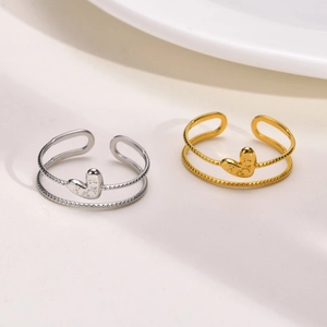 Minimalist double-layer heart open ring in gold and silver finish with textured surface