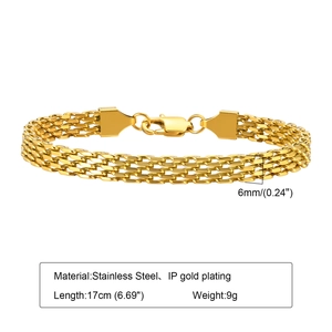Detail view of 6mm gold stainless steel mesh bracelet with dimension labels