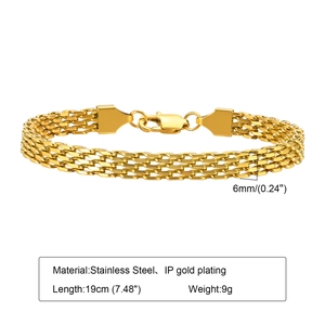 Detailed view of 6mm wide gold-plated stainless steel mesh bracelet with 19cm length specs