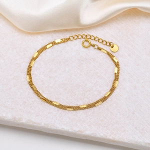 Minimalist Stainless Steel Double Layer Curb Chain Bracelet With Rectangular Metal Plates Gold Plated Jewelry For Women Thin Link Necklace Accessory