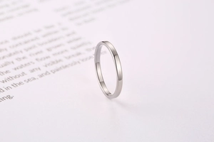 Vertical close-up of polished silver minimalist stainless steel band ring on white background