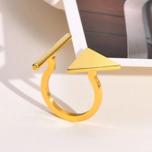 Minimalist gold stainless steel open ring with triangle and cylinder geometric design