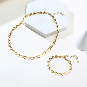 Stainless Steel Hollow Heart Link Necklace Bracelet Set For Women Gold IP Plating Polished Elegant Ins Style Jewelry Accessories