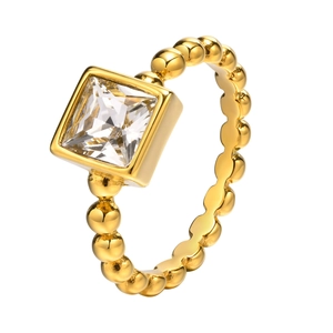 Gold beaded ring with square cubic zirconia stone on a minimalist polished metal band