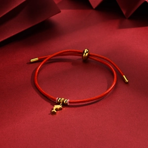 Macro detail of red cord bracelet featuring a gold dolphin pendant and sliding clasp