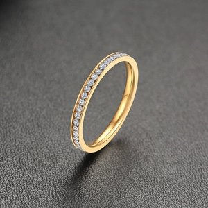 Stainless Steel Rhinestone Ring For Women Gold Steel Color Thin Band Pave Eternity Ring Minimalist Jewelry Gift