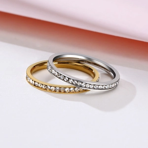 Minimalist stackable gold and silver stainless steel rings with sparkling cubic zirconia