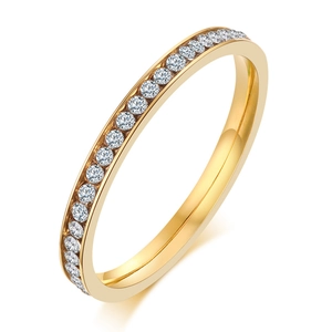 Elegant gold stainless steel minimalist ring with a row of sparkling cubic zirconia stones