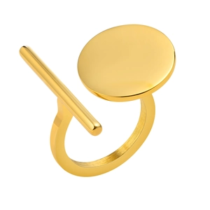Minimalist golden geometric ring with circular and bar cross design in brushed finish