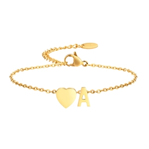Bracelet cœur doré avec pendentif lettre A en acier inoxydable poli pour femme