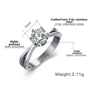 Detail view of crown ring in 316L stainless steel with 7mm cubic zirconia stone