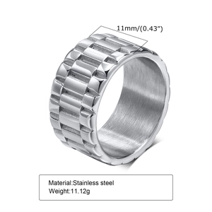 Bague unisexe en acier inoxydable de 11mm de large avec texture engrenage en argent