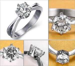 Detailed views of a six-prong crown ring with round brilliant cut solitaire stone