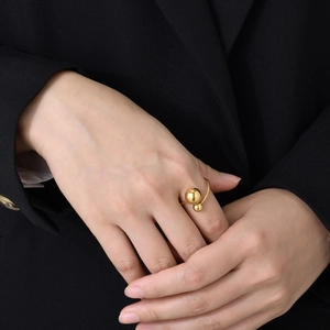 Anello Aperto a Doppia Sfera in Acciaio Inossidabile Minimalista per Donna Regolabile Oro Argento Gioielli di Moda