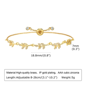 Detail of adjustable gold leaf bracelet in brass with AAA cubic zirconia dimensions