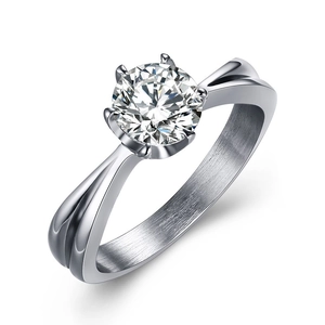 Stainless Steel Rhinestone Ring For Women Classic Six Prong Round Inlaid Engagement Wedding Jewelry Finger Ring Gift