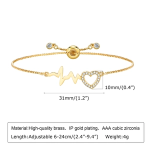 Detail of adjustable gold heart and heartbeat bracelet with AAA cubic zirconia stones