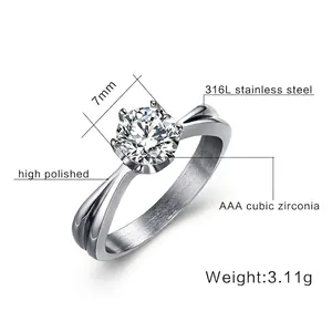 316L stainless steel crown ring with 7mm AAA zircon stone on polished band