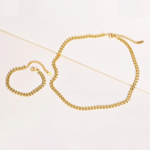 Golden wheat link jewelry set with stainless steel necklace and matching bracelet