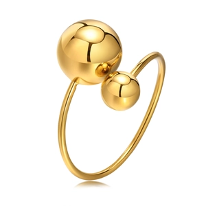 Anello regolabile in acciaio inossidabile dorato con due sfere lucide su fondo bianco