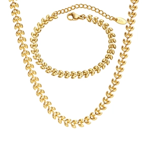 Polished gold-plated wheat chain necklace and bracelet jewelry set with adjustable clasp