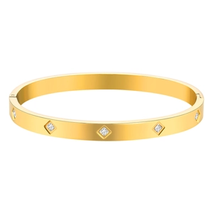 Bracciale rigido in acciaio inossidabile dorato lucido con zirconi bianchi quadrati