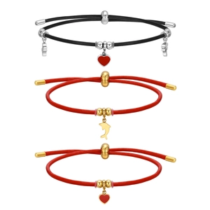 Adjustable stainless steel bracelets with red dolphin and heart charms set of three