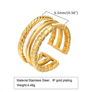 Three-layer geometric gold stainless steel open ring with multi-texture industrial design