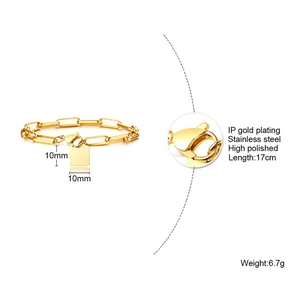 Bracelet chaîne trombone minimaliste en acier inoxydable plaqué or 18K avec pendentif carré