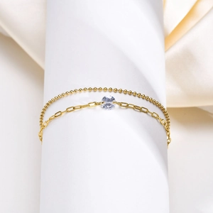 Bracciale a doppio strato in acciaio dorato con pietra di zircone e catena a sfere