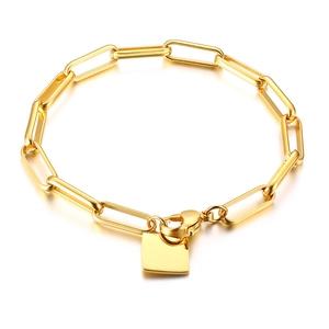 Bracelet chaîne trombone minimaliste en acier inoxydable doré 18 carats avec pendentif carré
