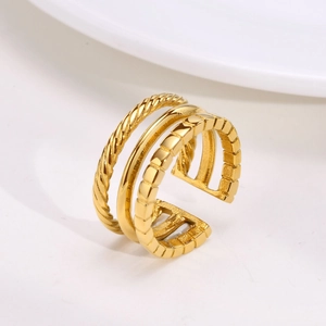 Gold triple-layered stainless steel open ring with twisted, smooth, and checkered textures