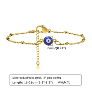 Bracelet en acier inoxydable doré avec œil bleu de 6mm et chaîne réglable de 16-21cm