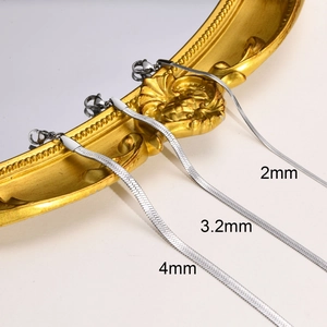 Detail of silver stainless steel flat snake chains in 2mm, 3.2mm, and 4mm width options