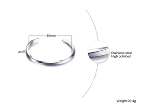 Technical detail of polished stainless steel twisted cuff with 64mm diameter and 4mm width