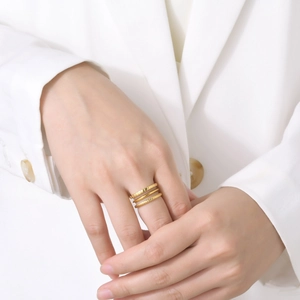 Minimalist Stainless Steel Open Ring For Women Gold Plated Geometric Triple Layer Adjustable Fashion Jewelry Finger Ring