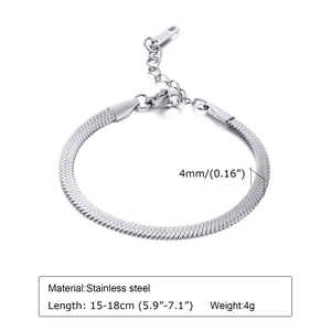 Detail view of 4mm silver stainless steel flat snake chain bracelet with adjustable lobster clasp