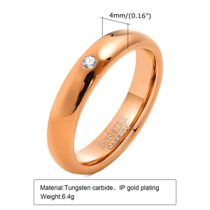 Detail of 4mm rose gold tungsten carbide ring with single zircon and IP plating